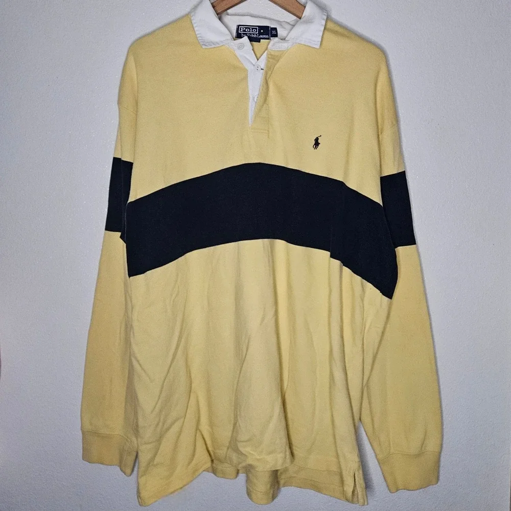 Polo Ralph Lauren Rugby Shirt Mens Yellow Navy Blue Striped Long Sleeve Polo